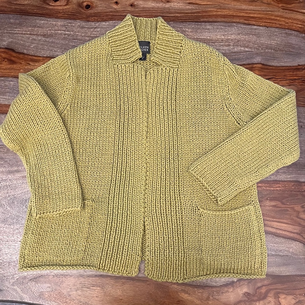Vintage EILEEN FISHER Cardigan with Pockets Sweater Size Medium in Green